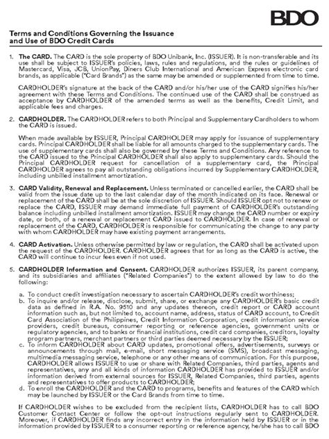 Terms and Conditions Governing the Issuance and Use of BDO Cash Ca.